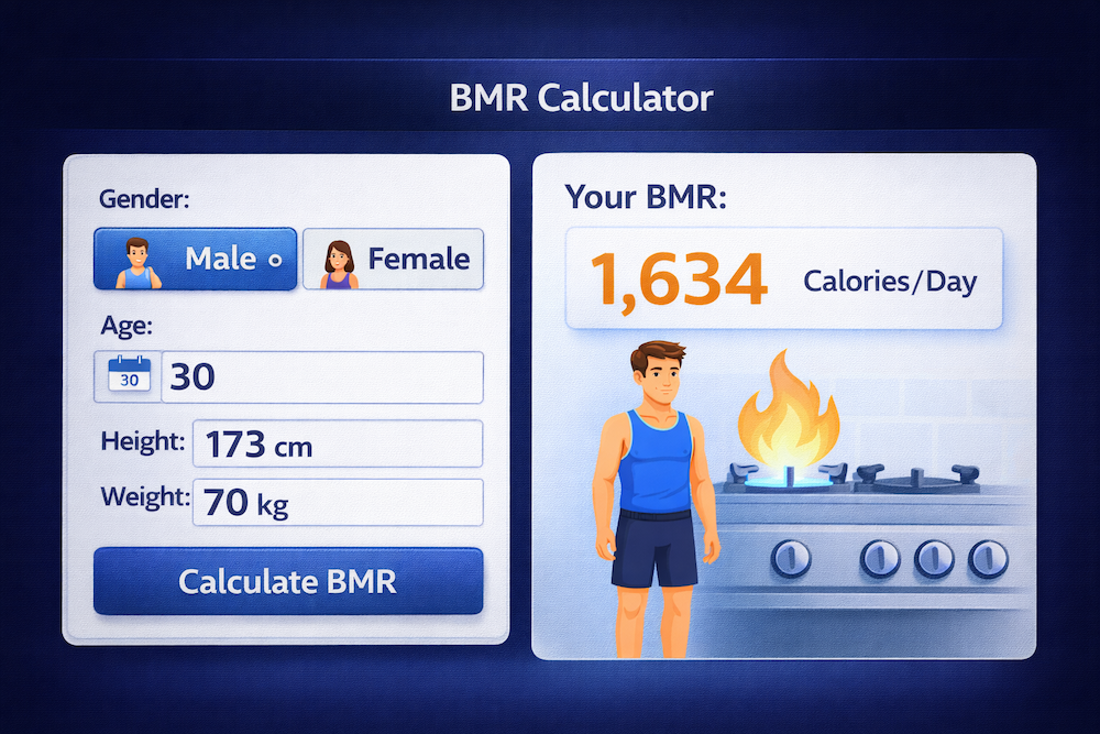 Free online BMR calculator interface showing gender age height weight inputs and basal metabolic rate result